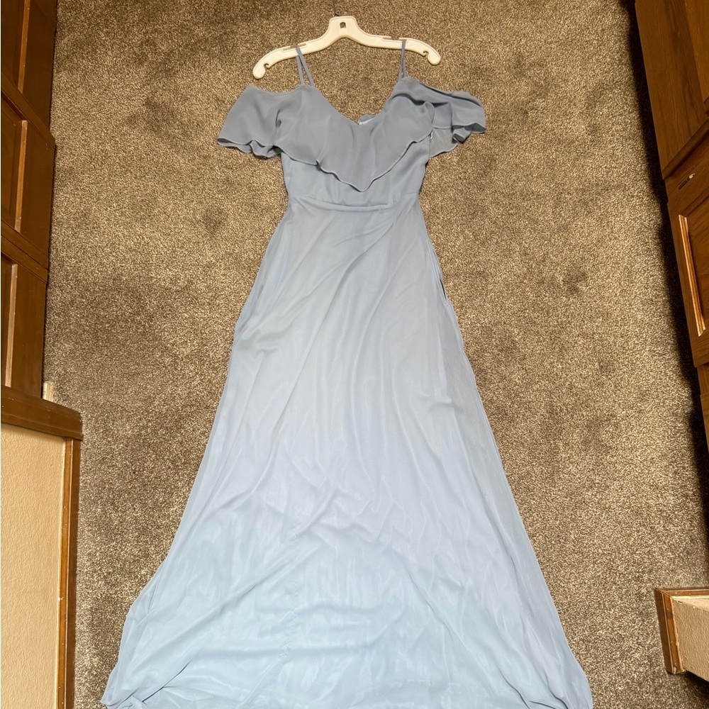 Birdy Grey Dusty Blue Ruffle Off-Shoulder Maxi Dress